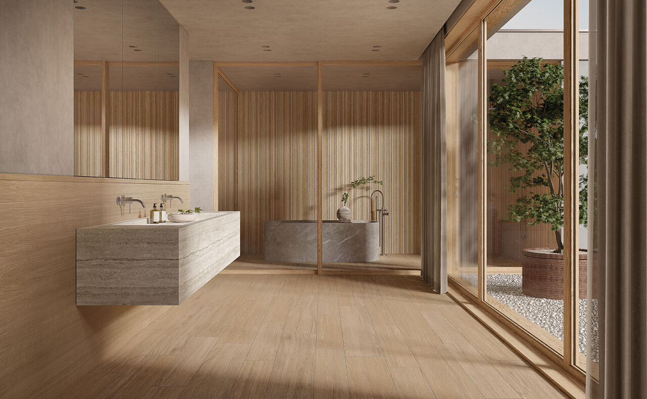 Sol en carrelage effet bois clair dans une salle de bain ouverte sur un jardin japonais