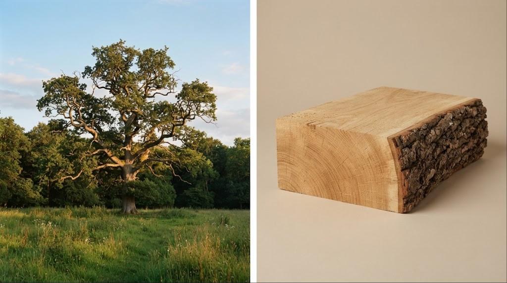 Chêne : l'arbre dans son milieu et un morceau de bois brut