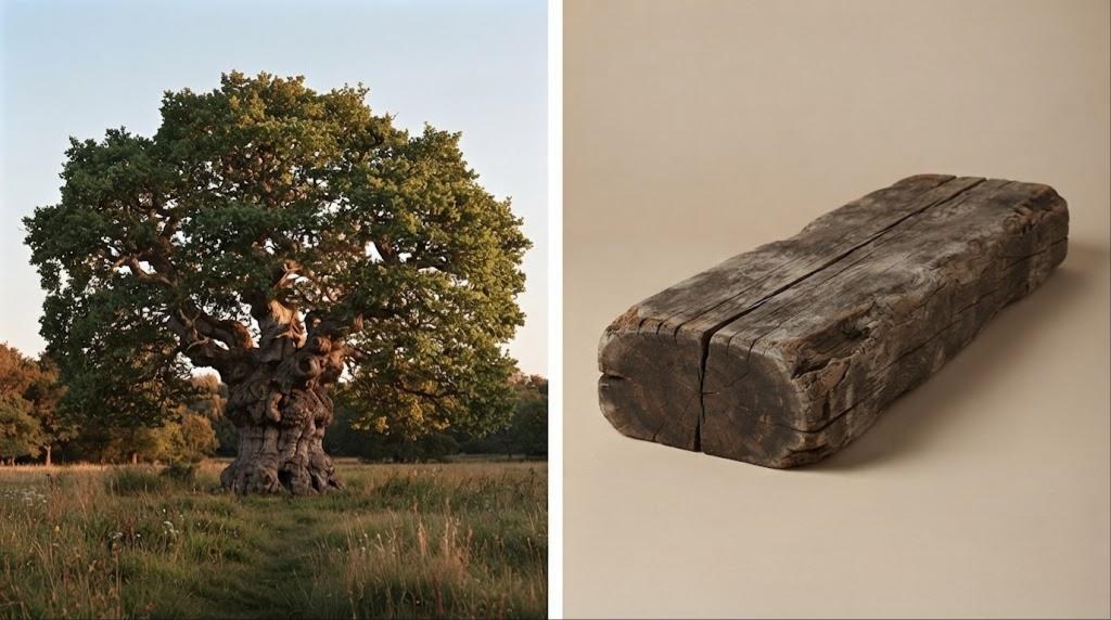 Chêne antique : l'arbre dans son milieu et un morceau de bois brut