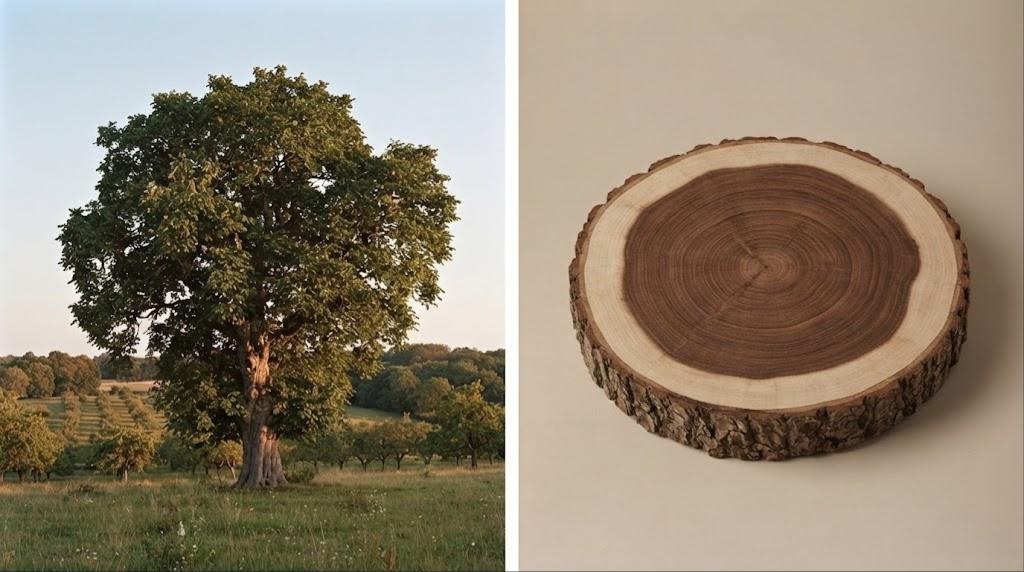 Noyer européen : l'arbre dans son milieu et un morceau de bois brut
