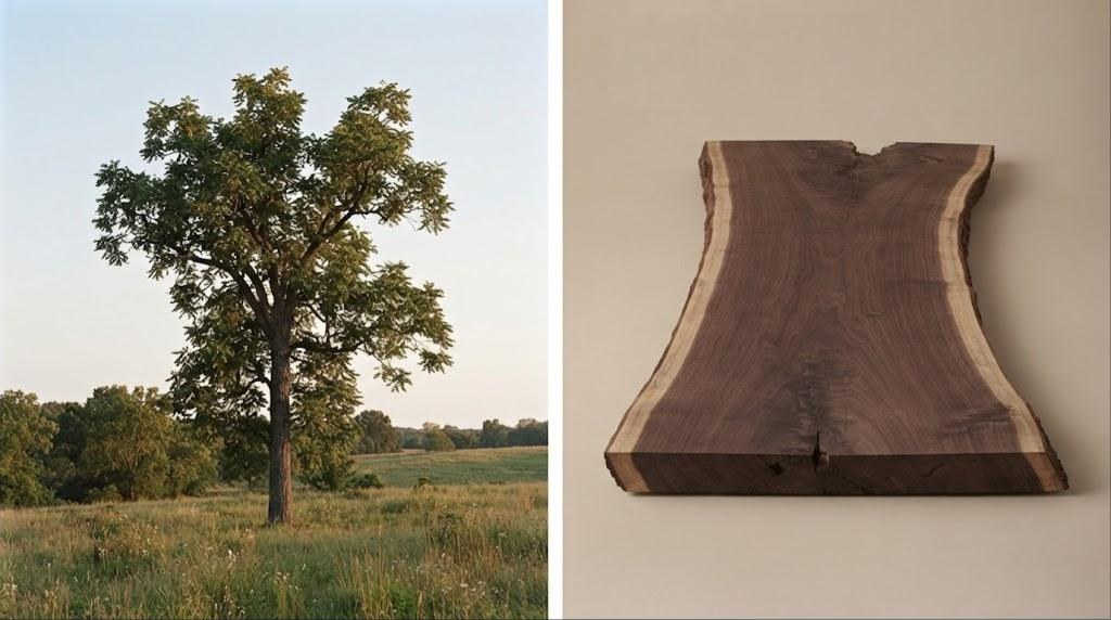 Noyer américain : l'arbre dans son milieu et un morceau de bois brut