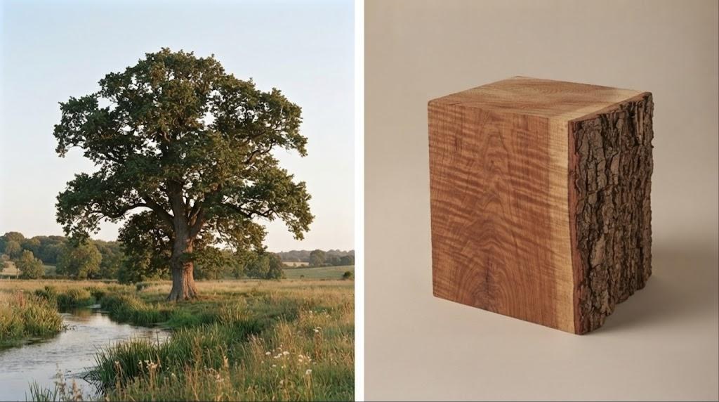 Orme : l'arbre dans son milieu et un morceau de bois brut