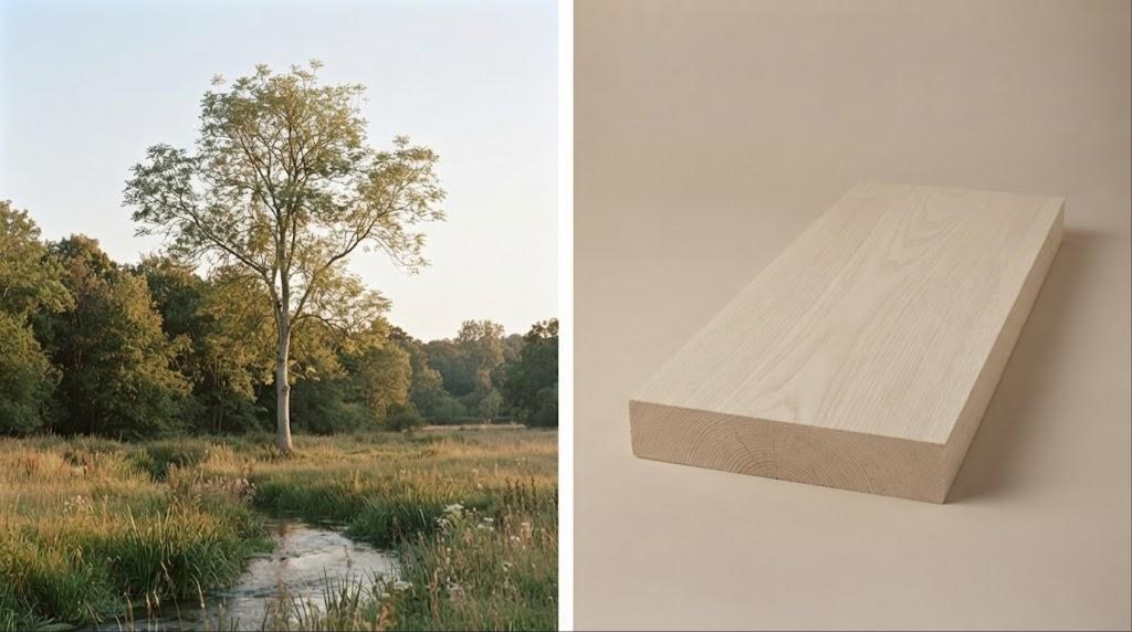Frêne : l'arbre dans son milieu et un morceau de bois brut