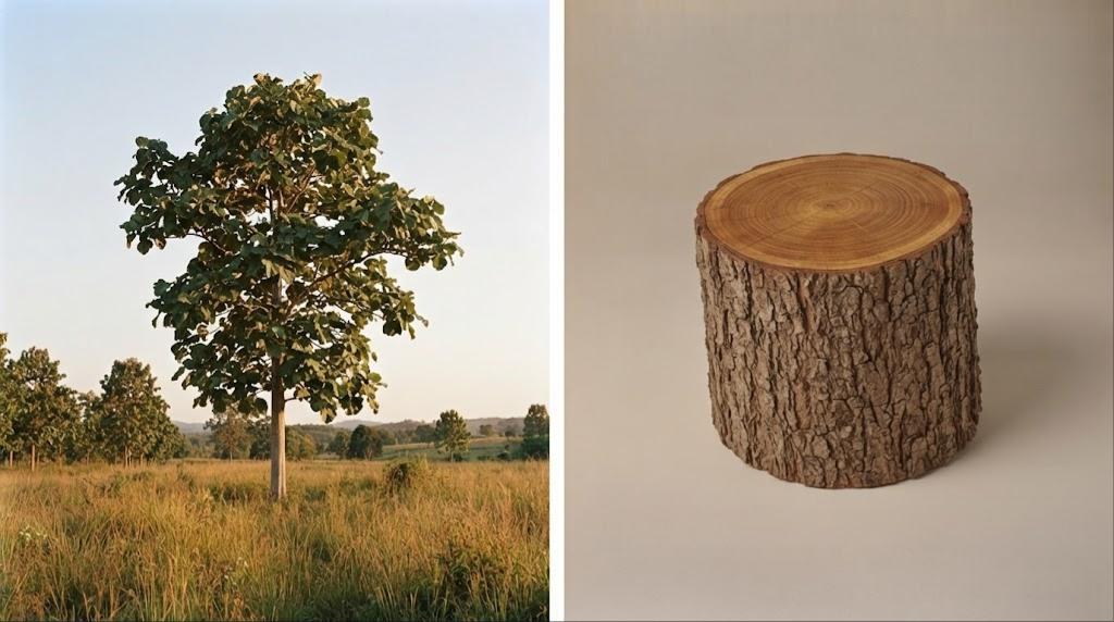 Teck : l'arbre dans son milieu et un morceau de bois brut