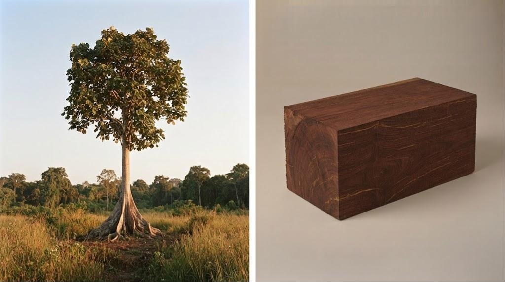 Merbau : l'arbre dans son milieu et un morceau de bois brut