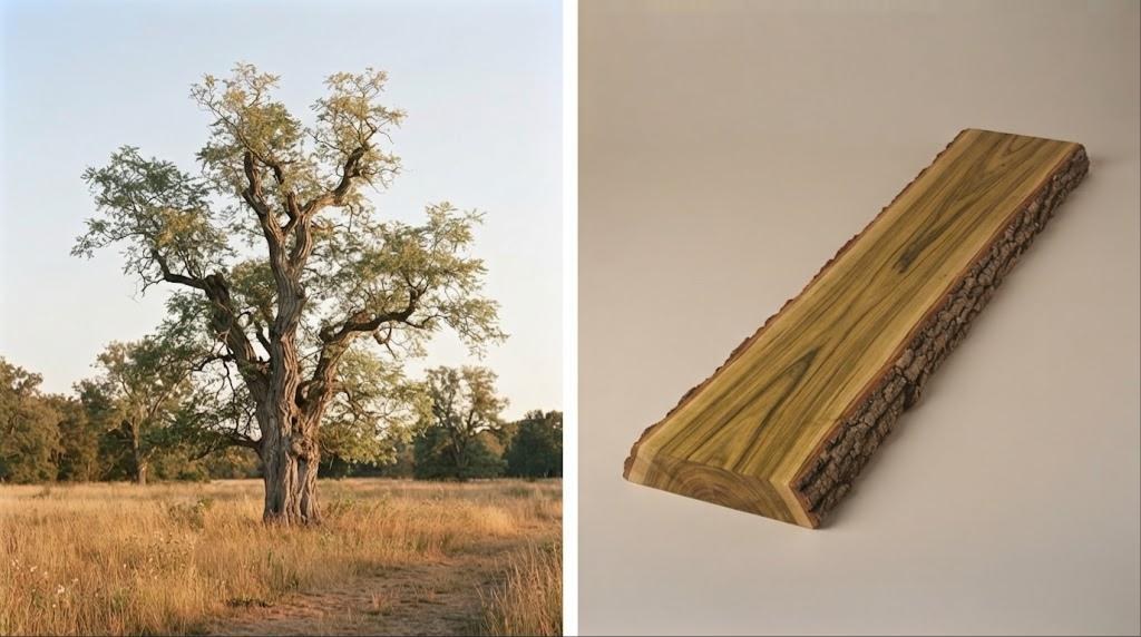 Acacia (robinier) : l'arbre dans son milieu et un morceau de bois brut