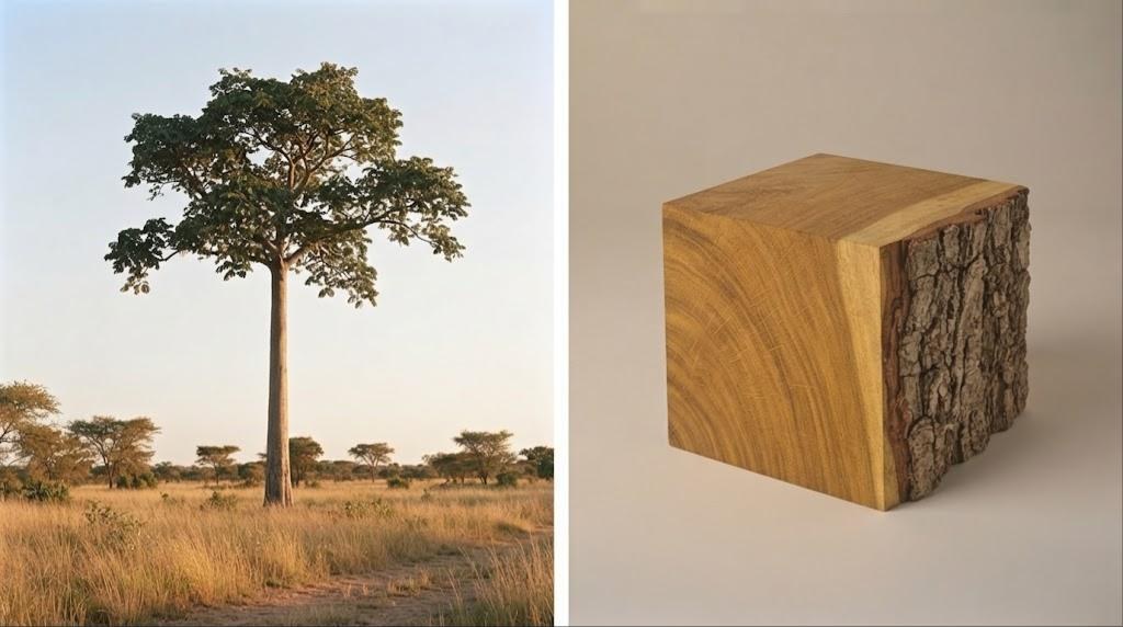 Iroko : l'arbre dans son milieu et un morceau de bois brut