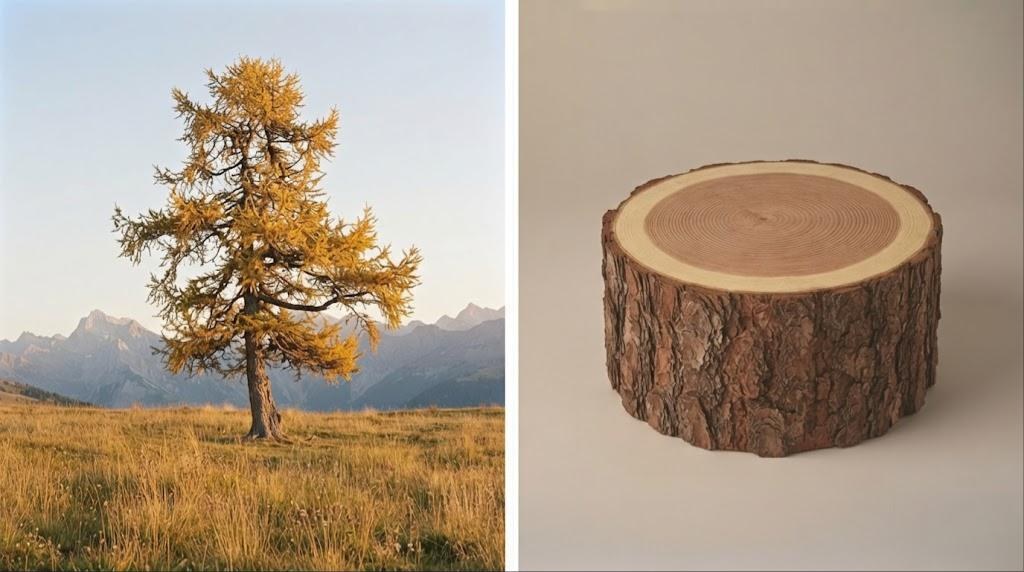 Mélèze : l'arbre dans son milieu et un morceau de bois brut
