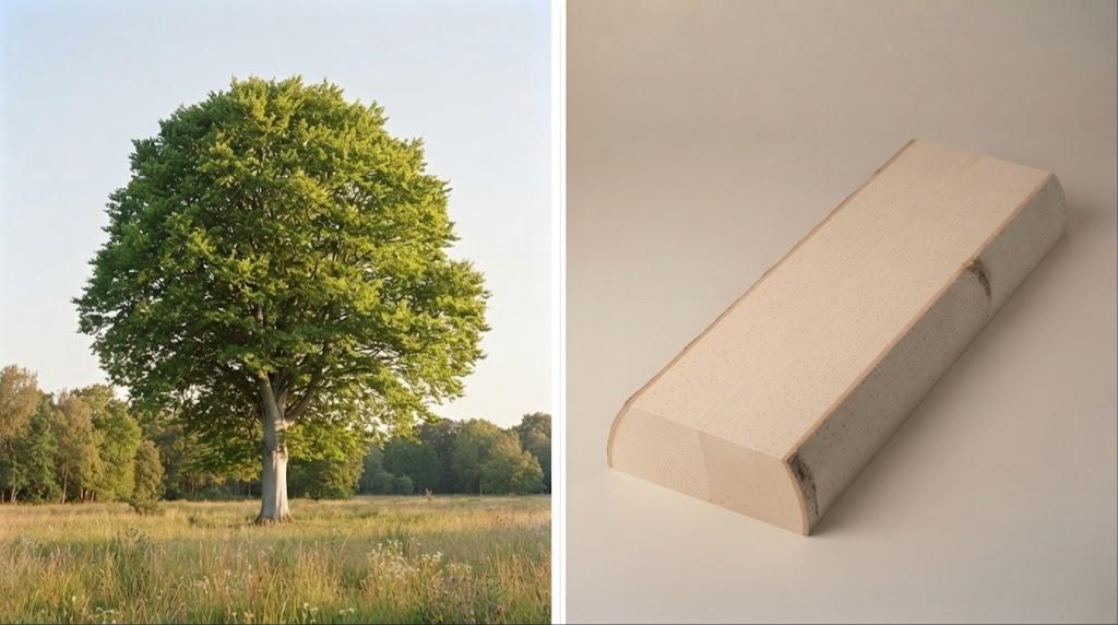 Hêtre : l'arbre dans son milieu et un morceau de bois brut