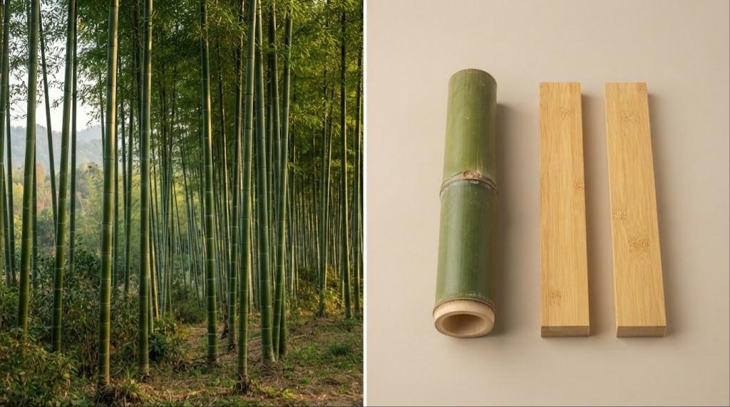 Bambou : l'arbre dans son milieu et un morceau de bois brut