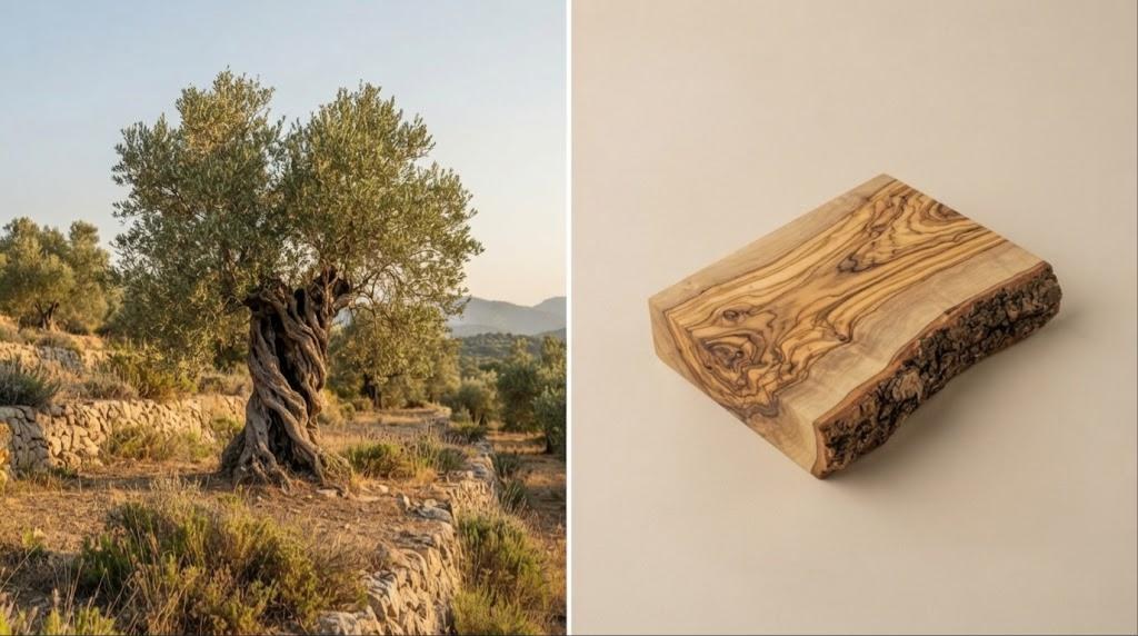 Olivier : l'arbre dans son milieu et un morceau de bois brut