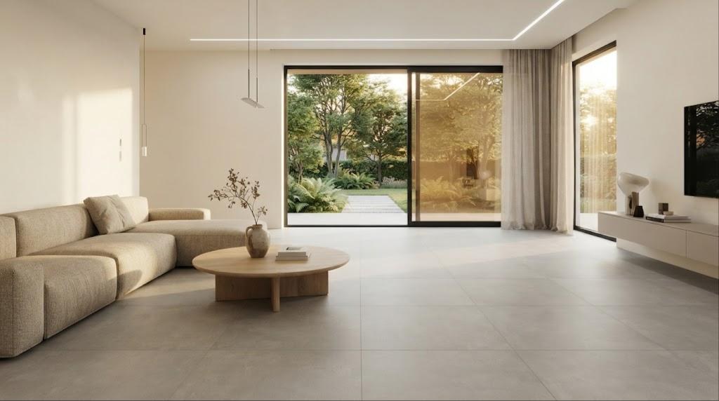 Séjour contemporain avec sol en grandes dalles effet béton gris clair