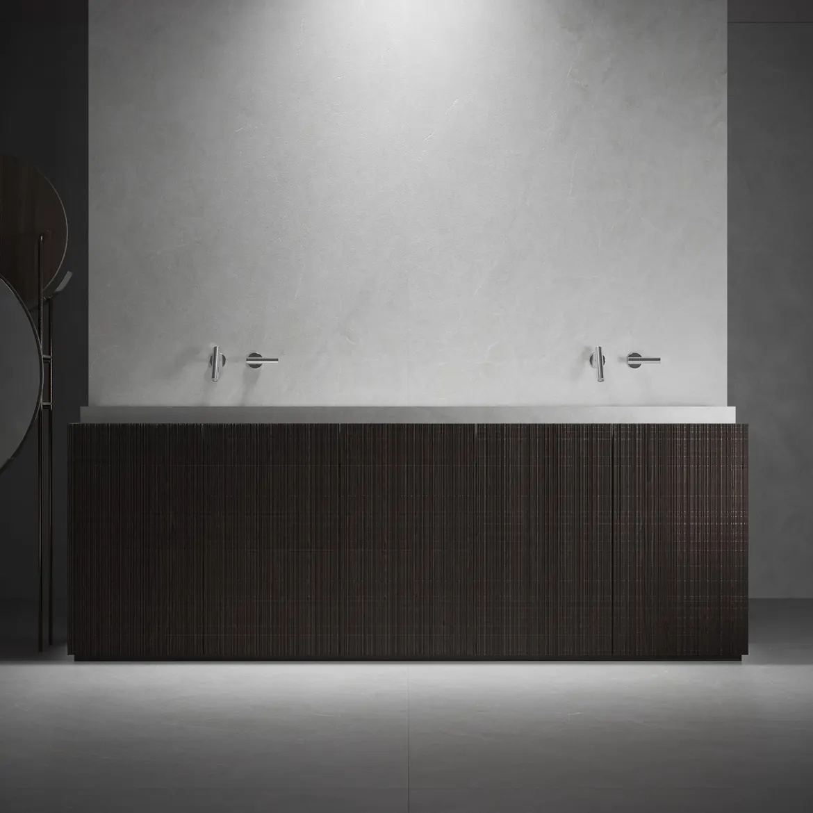Salle de bain aux tons sombres, meuble vasque en chêne foncé et murs en carrelage gris