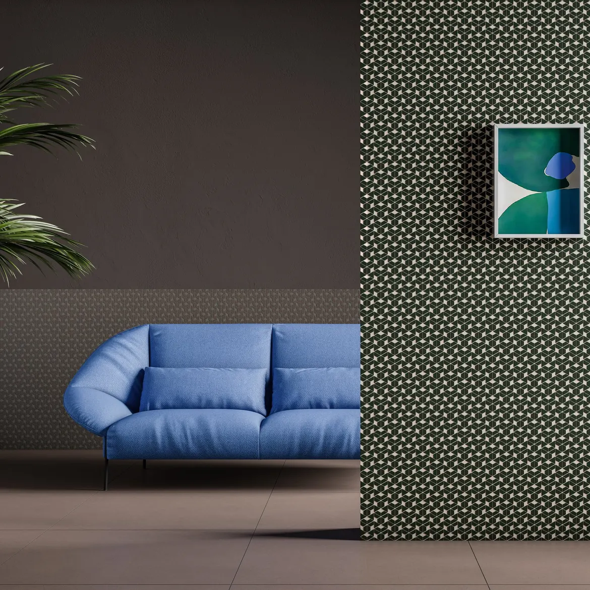 Mur en mosaïque à motif dans un salon contemporain avec canapé bleu