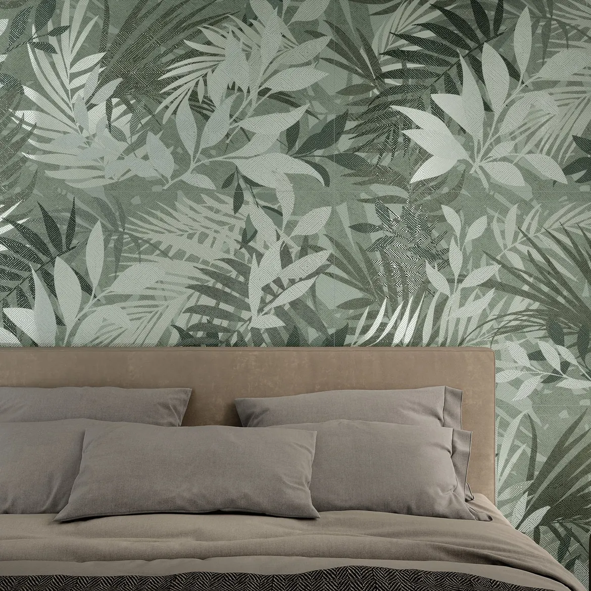 Mur en carrelage à motifs tropicaux dans une chambre