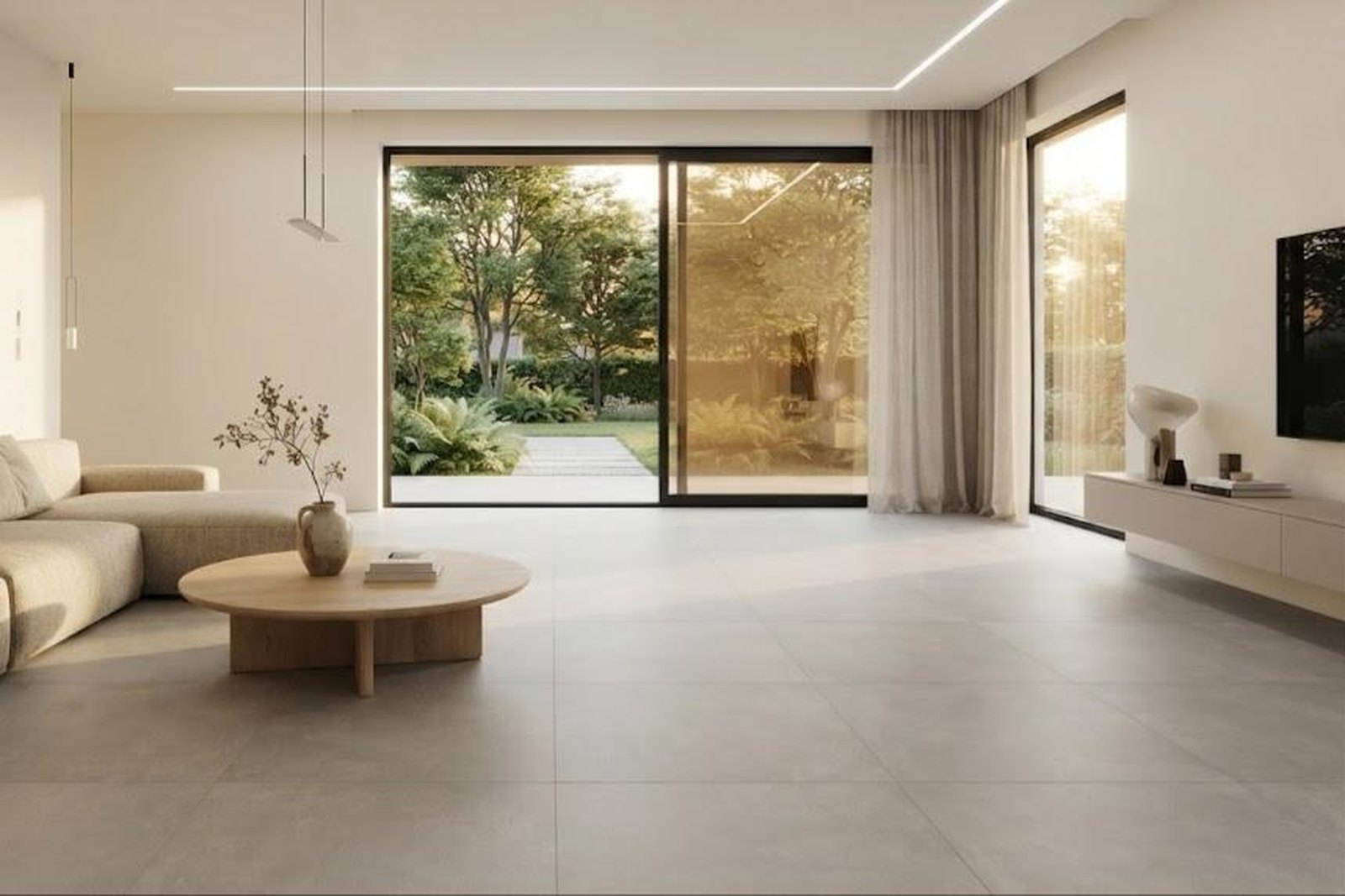 Séjour contemporain avec sol en grandes dalles effet béton gris clair
